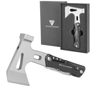 STAHLWERK Multifunktionswerkzeug Survival Set mit Hammer, Axt, Messer und LED-Taschenlampe in Geschenkverpackung.