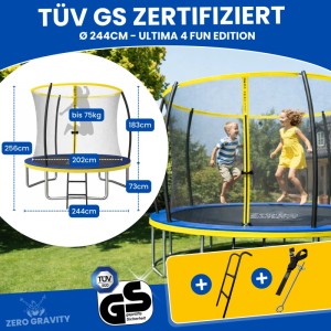 Zero Gravity Outdoor Trampolin 244cm mit blau-gelbem Rand, Sicherheitsnetz, Leiter & Bodenanker. TÜV GS geprüft.