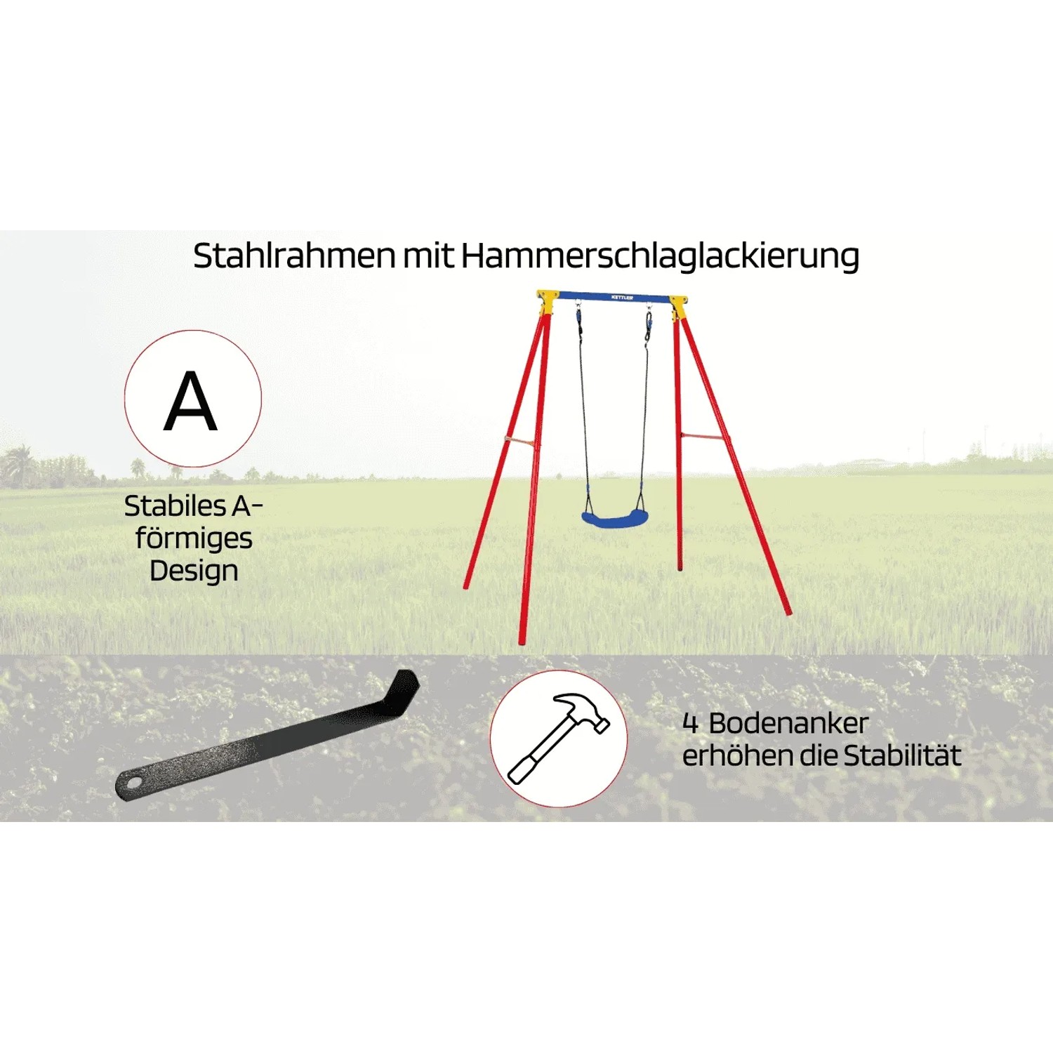 Kettler Einzelschaukel Single: A-förmiger, roter Rahmen mit blauem Schaukelsitz und Bodenanker.