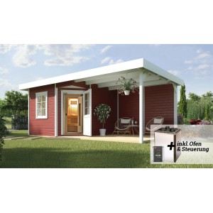 Weka Saunahaus Salo Sparset in Schwedenrot mit Anbau, Ofen und Steuerung.