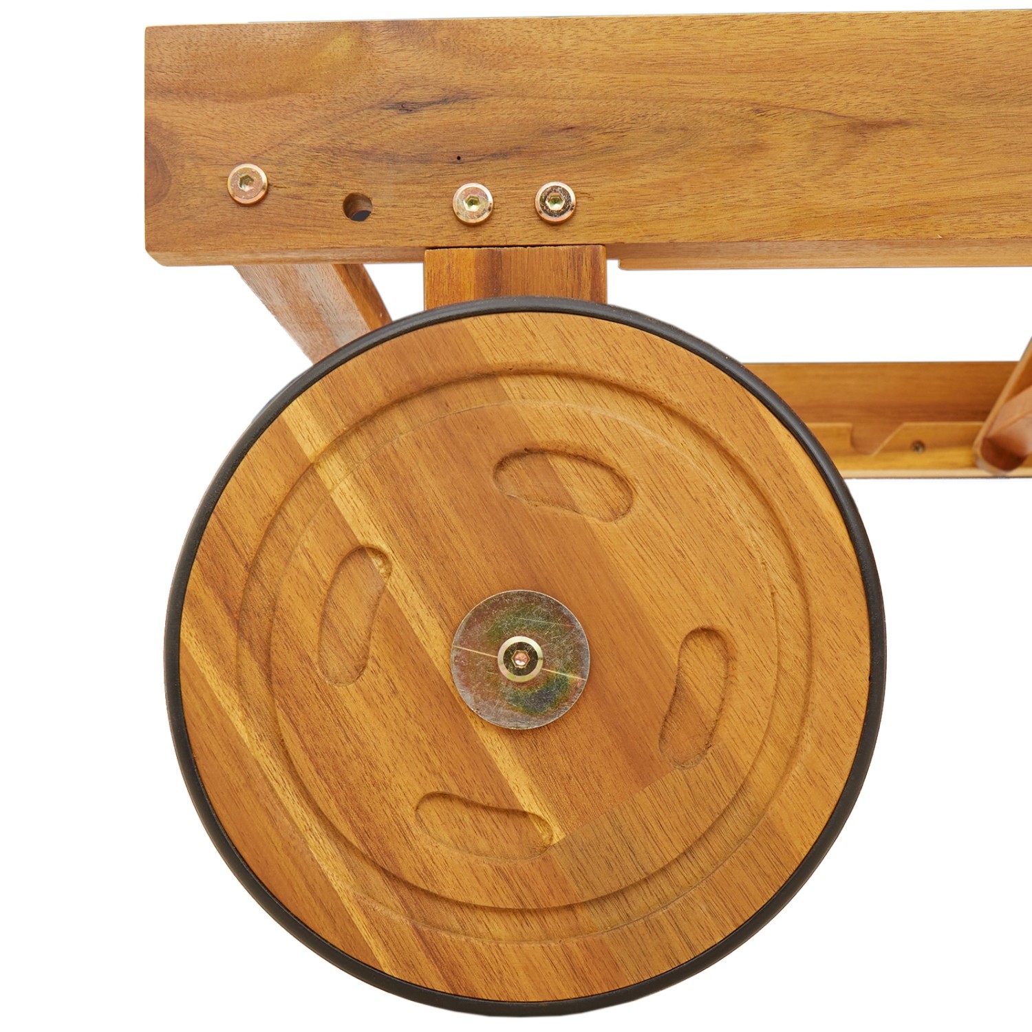 Detailaufnahme: Rad der vidaXL Sonnenliege aus Akazienholz, taupefarben.