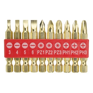 10-teiliger Bit-Gürtelhalter mit Schlitz, Kreuzschlitz und Pozidriv Bits im roten Halter.