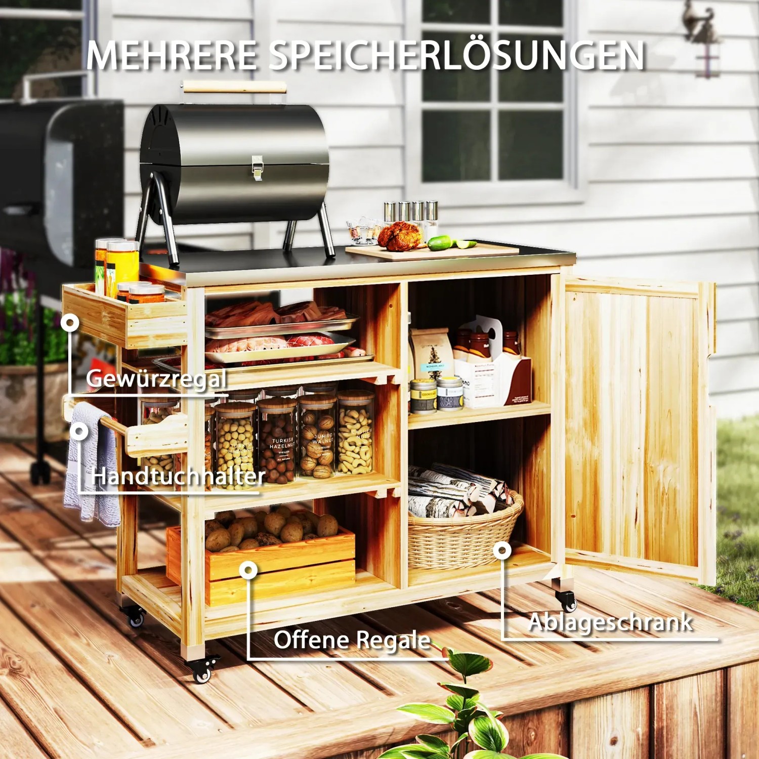 Outsunny Grillwagen aus Stahl und Tannenholz mit Ablageflächen und Schrank.