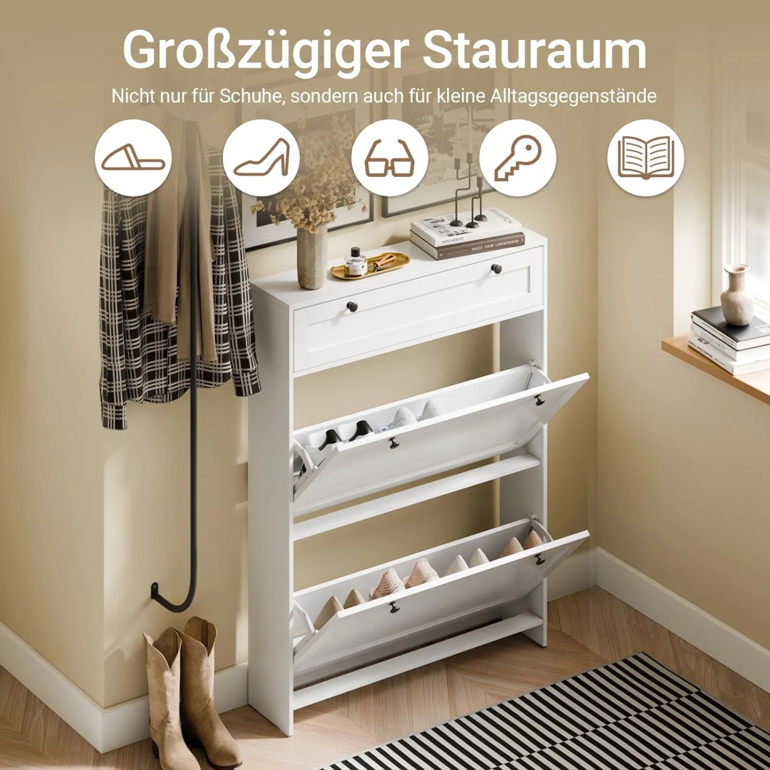SoBuy Schuhschrank Schmal Schuhkommode mit Schublade und Klapptüren Weiß 80x107x19cm FSR207-W_2