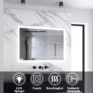 Aica Sanitär Badspiegel 80x60 cm Spiegel mit LED Beleuchtung Kaltweiß Beschlagfrei Wandspiegel Touch Wandschalter Badezimmerspiegel