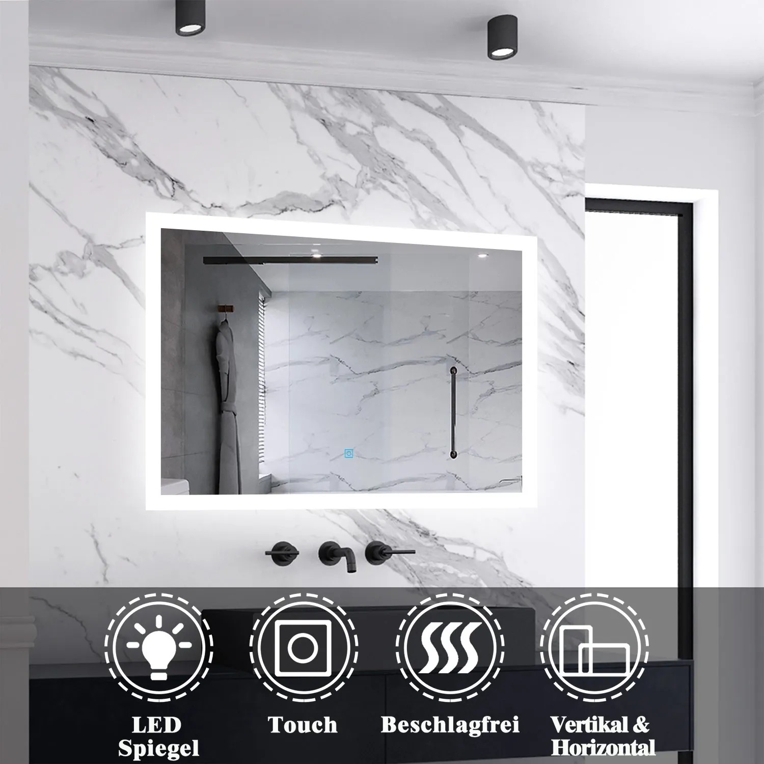 Aica Sanitär Badspiegel 80x60 cm Spiegel mit LED Beleuchtung Kaltweiß Beschlagfrei Wandspiegel Touch Wandschalter Badezimmerspiegel_3