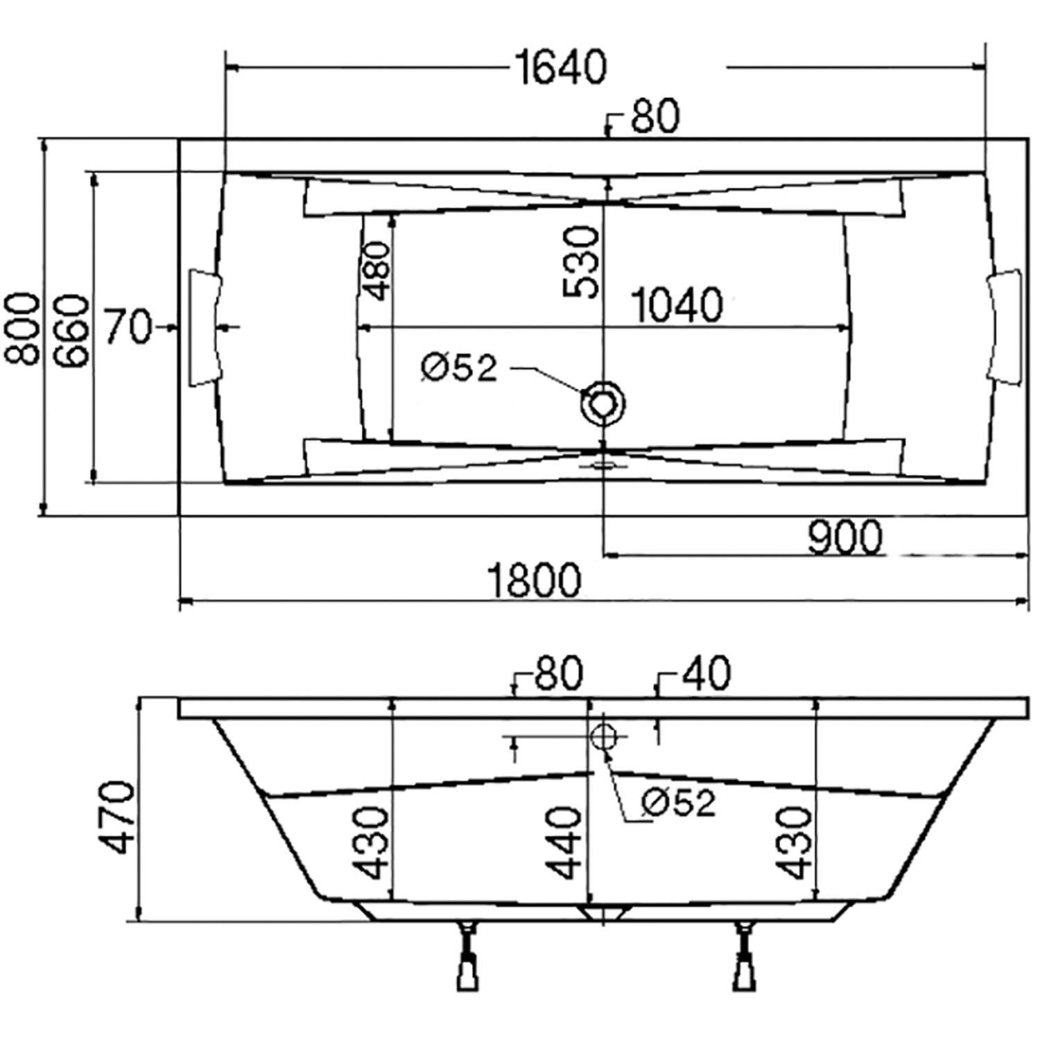 Technische Zeichnung Ottofond Whirlpool Atlanta Duo Komfort, 180x80 cm, Maße und Details.
