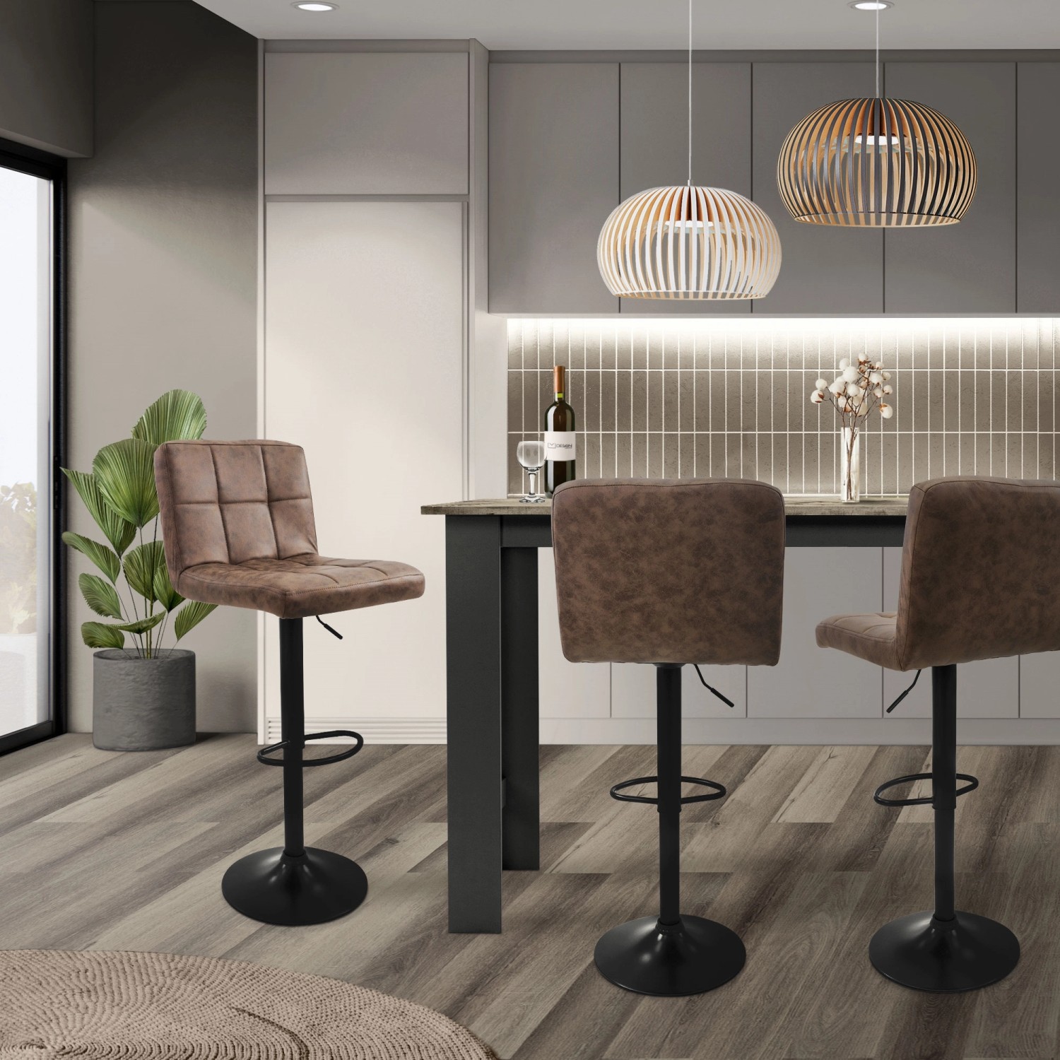 ML-Design Barhocker 4er Set, braunes Kunstleder, gepolstert, höhenverstellbar.