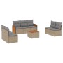 Beige 8-tlg. Garten-Sofagarnitur aus Poly Rattan mit hellgrauen Kissen und Akazientisch.