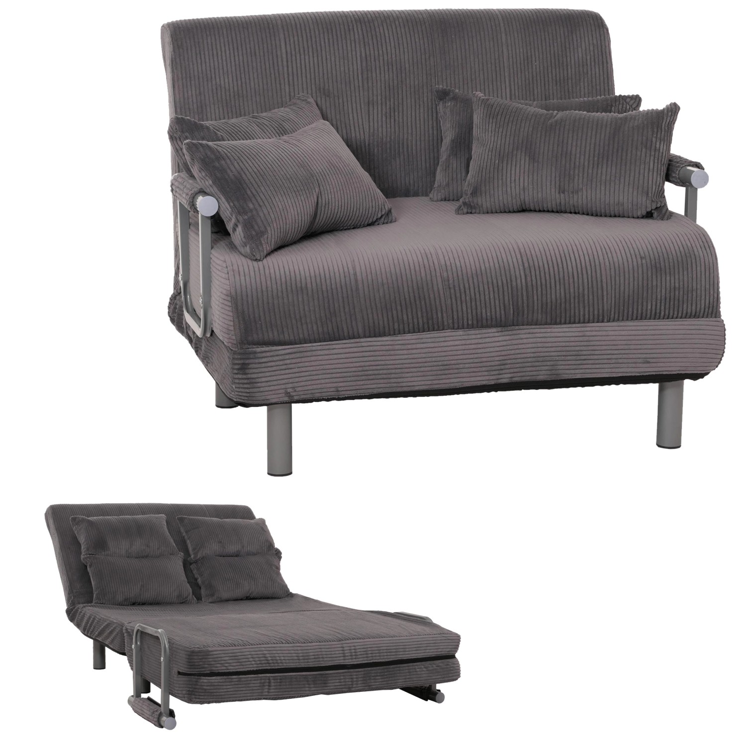 MCW Schlafsessel K29, dunkelgrauer Cordstoff, mit Schlaffunktion und Kissen. Als Sessel und als Liege dargestellt.