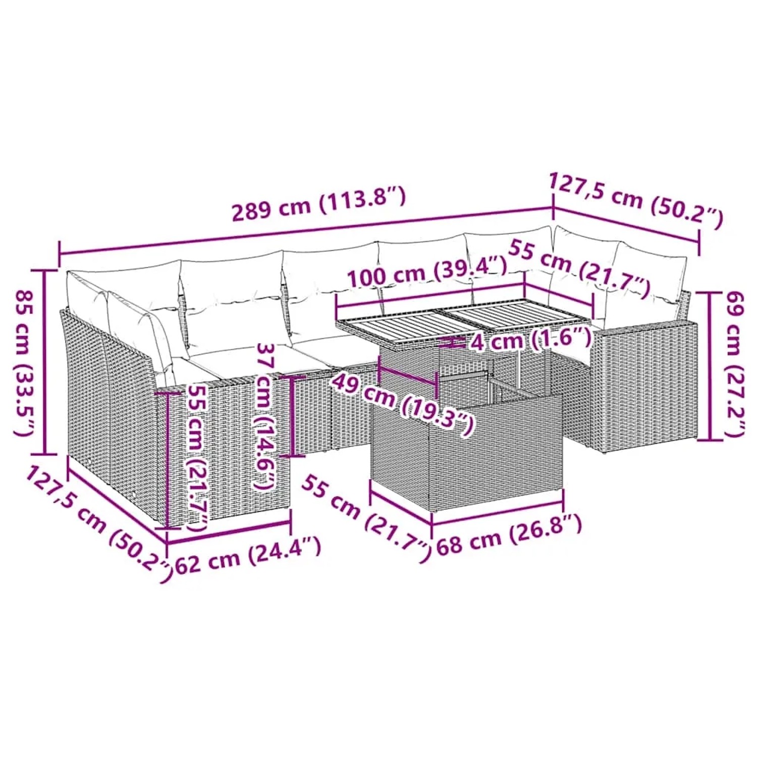 vidaXL 8-tlg. Garten-Sofagarnitur Beige Poly Rattan mit Tisch und Kissen, Maße siehe Zeichnung.