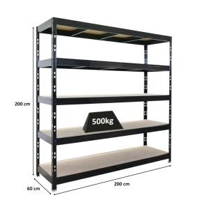 Schwarzes PROREGAL Schwerlastregal Rhino 200x200x60cm mit 5 Spanplatten-Ebenen.