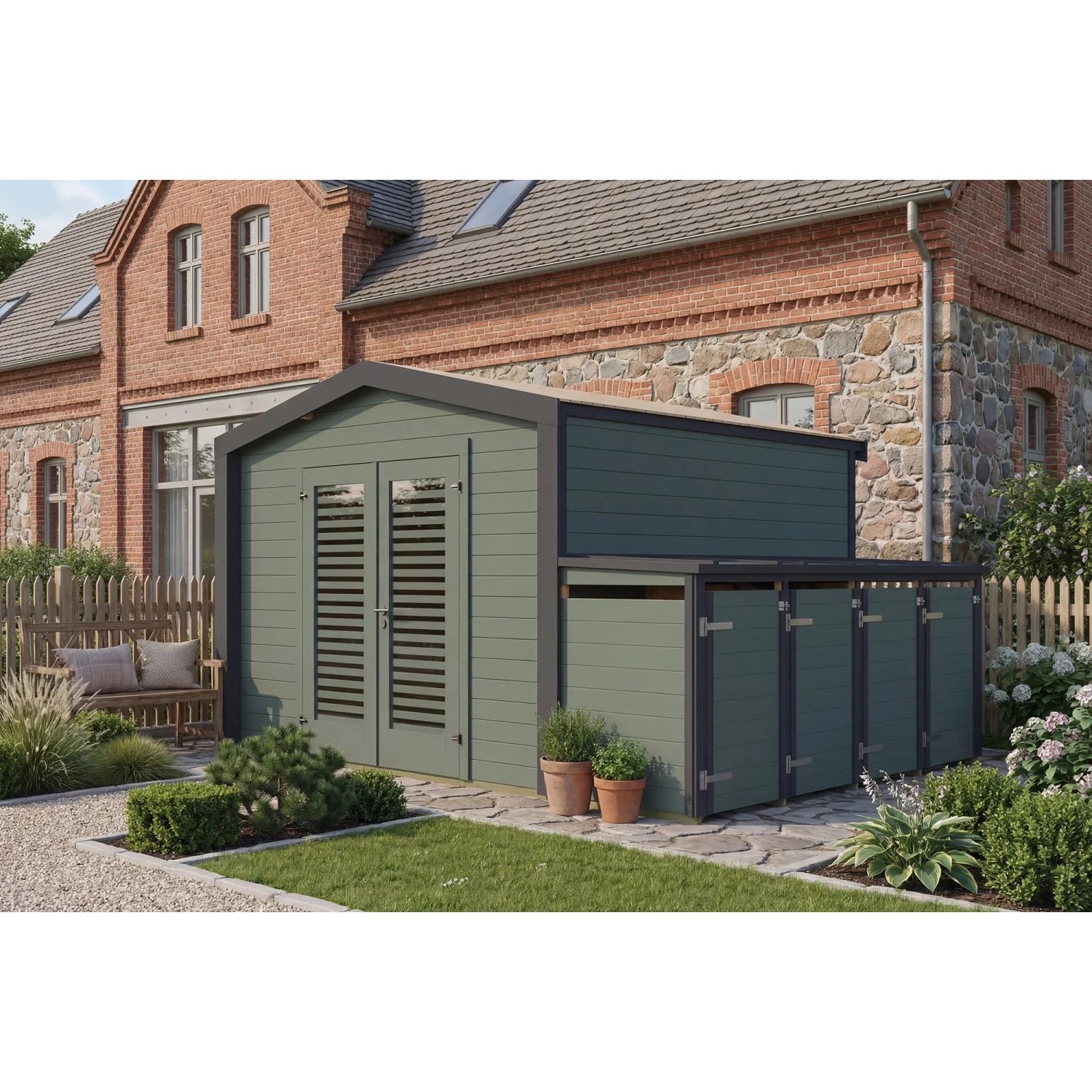 Weka Holz-Gartenhaus Killarney Satteldach Grau-Grün Lasiert 401 cm x 311 cm