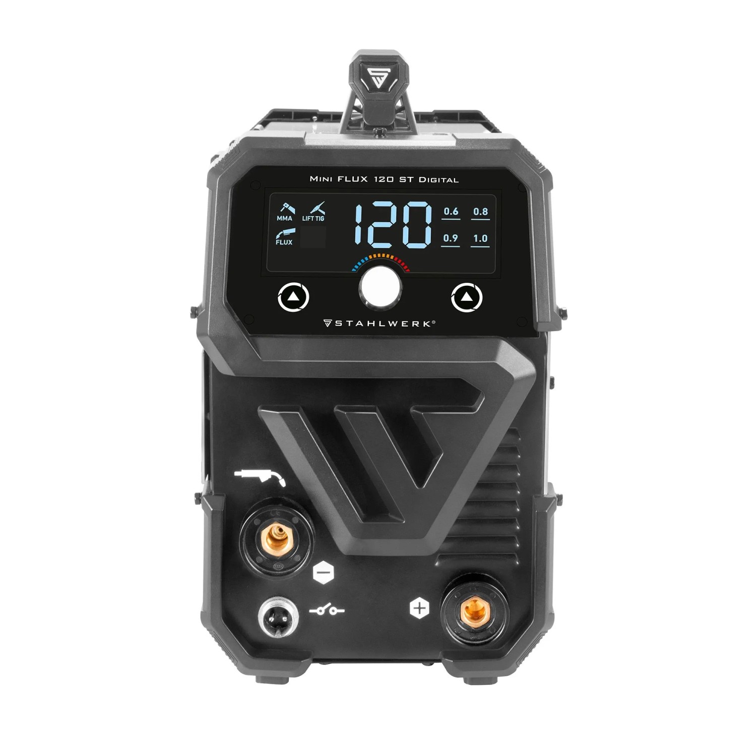 Stahlwerk Schweißgerät Mini FLUX 120 ST: Kompaktes Inverter-Schweißgerät mit Digitalanzeige.