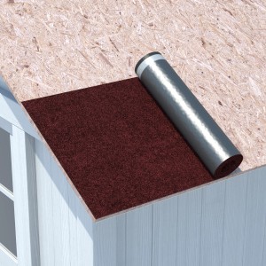 Rote, selbstklebende Bitumen-Gartenhausbahn (2,5 m²) auf einem Gartenhausdach.