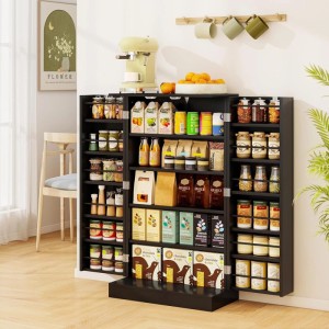 Costway Mehrzweckschrank, schwarz, mit offenen Türen und gefüllten Regalen als Buffetschrank.
