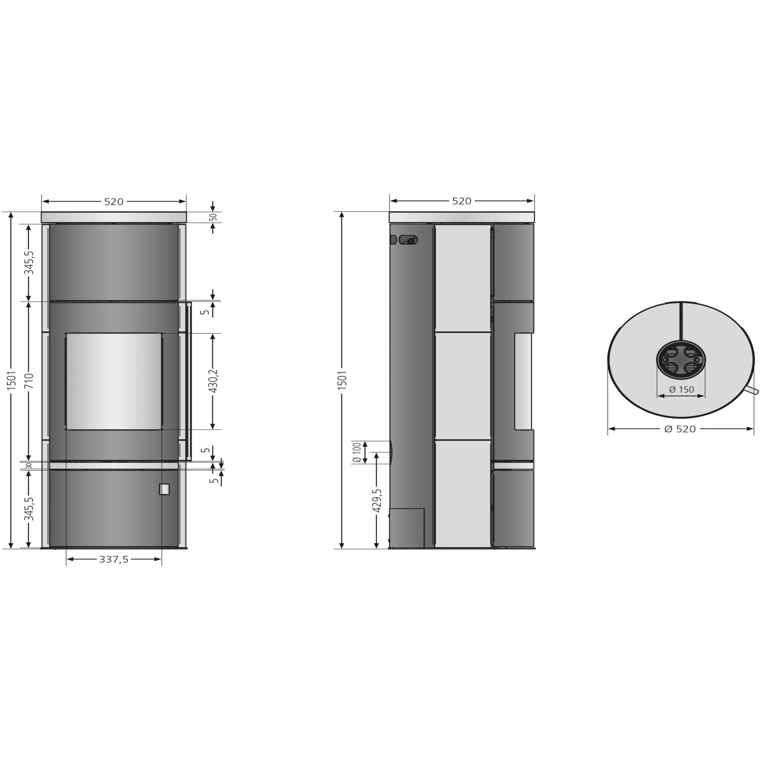Technische Zeichnung: Justus Faro Aqua 2.0 Kaminofen, Speckstein, Maße und Details.