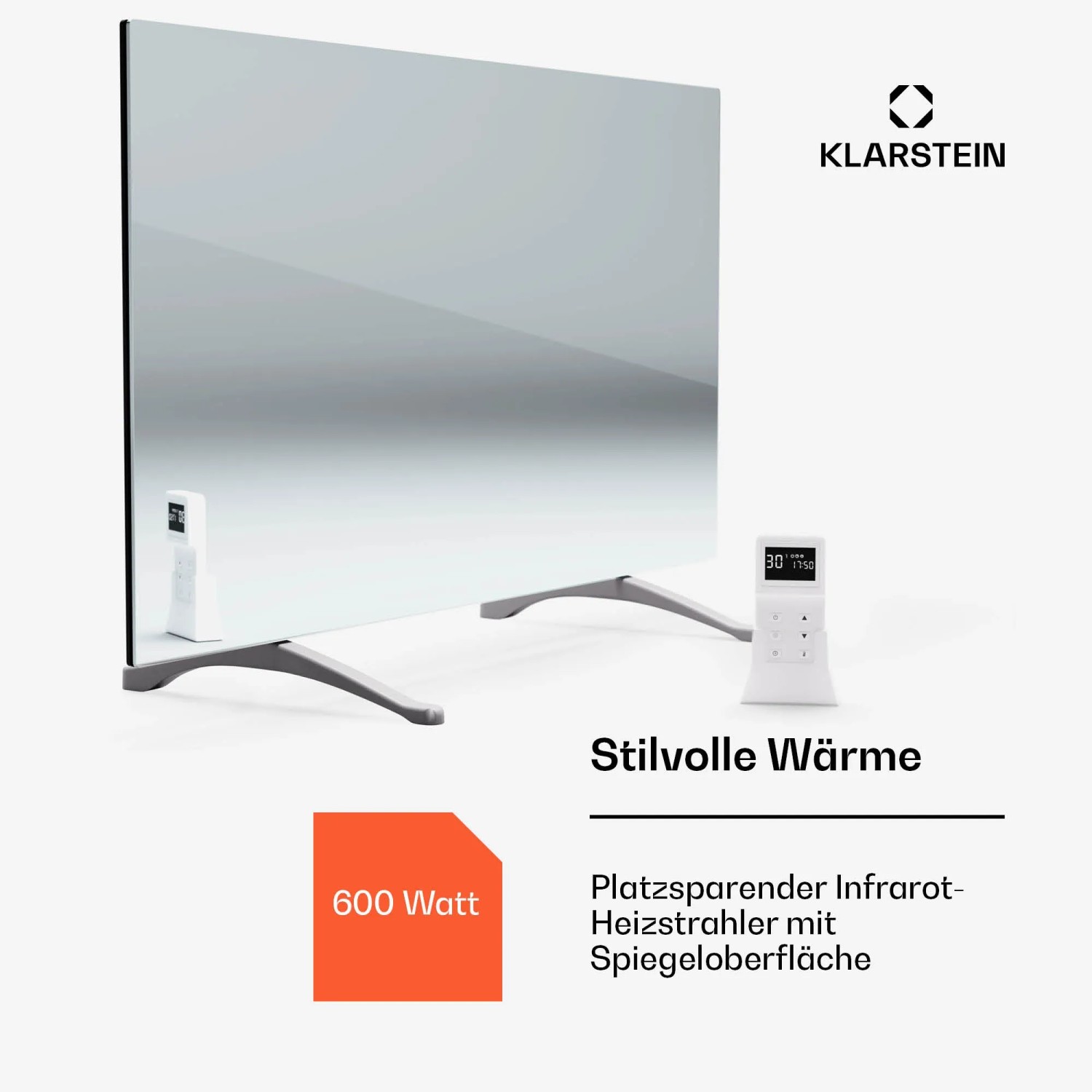 Klarstein Marvel Mirror Infrarotheizung, 600W, mit Spiegel und Standfüßen. Elektrische Heizung in Silbergrau.