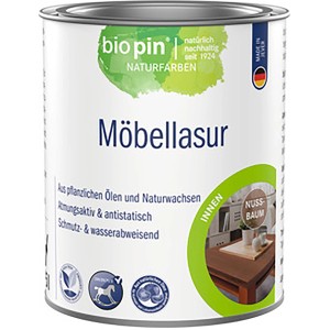 Dose biopin Möbellasur Nussbaum, lösemittelfreie Holzlasur für Möbel im Innenbereich.