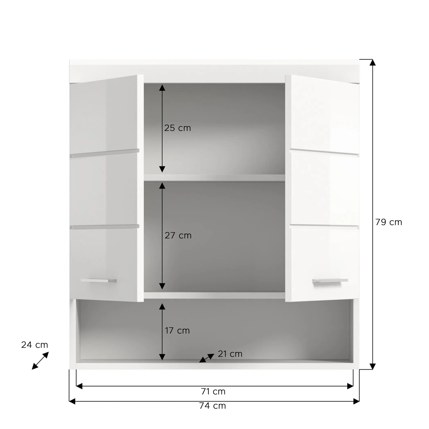 Weißer Hochglanz Hängeschrank, 74x79x24 cm, mit offenen Türen und Innenmaßen.
