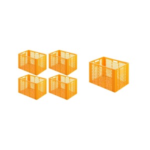 Sparset: 5 gelb-orange Bäckerkisten (85L) aus Kunststoff, stapelbar, für Bäckerei & Konditorei.
