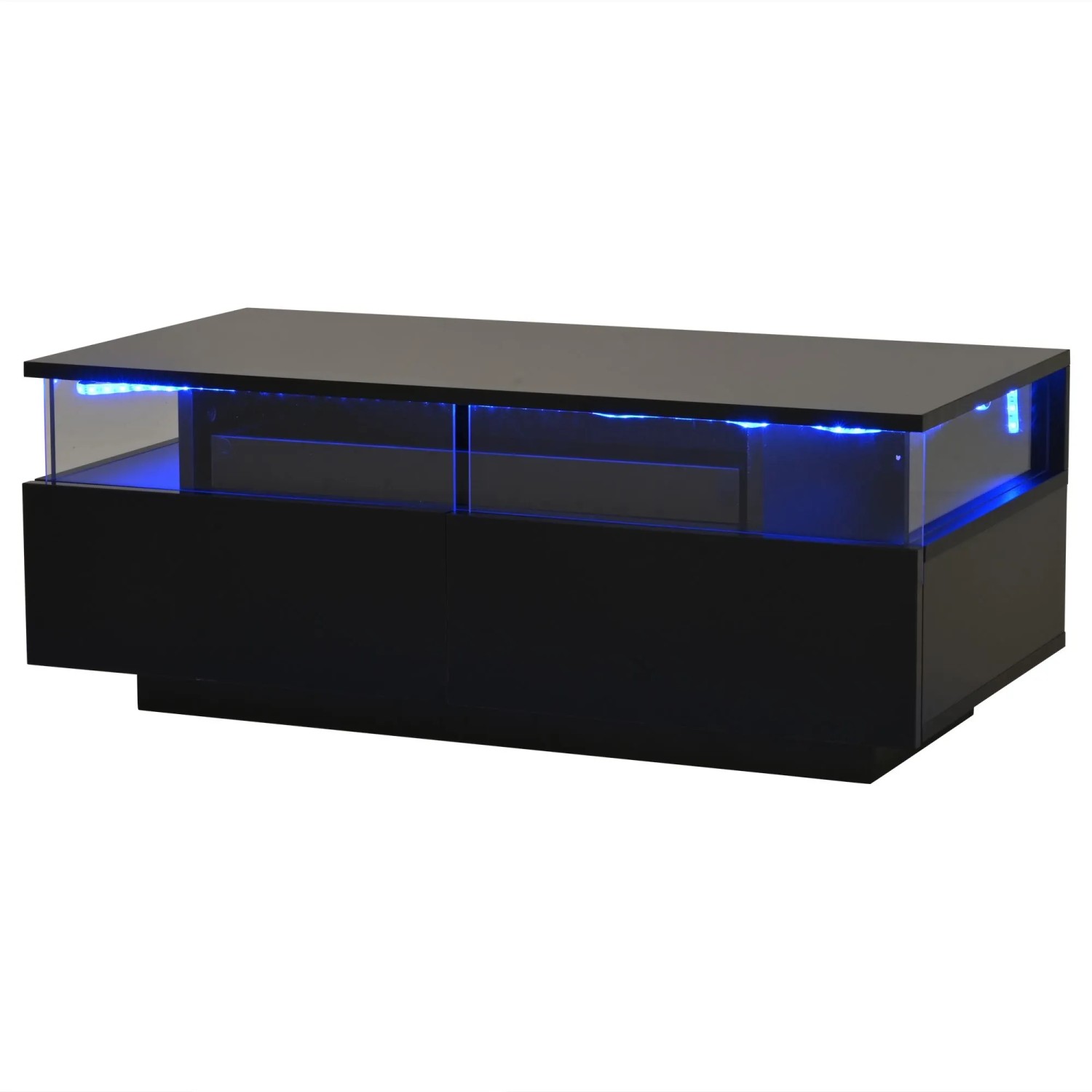 okwish Couchtisch mit LED Licht Schubladen Tablett Gehärtetem Glas 90x45x35.5cm Schwarz