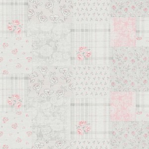Patchwork Tapete rosa, weiß, grau mit Rosen und Karomuster im Landhausstil.