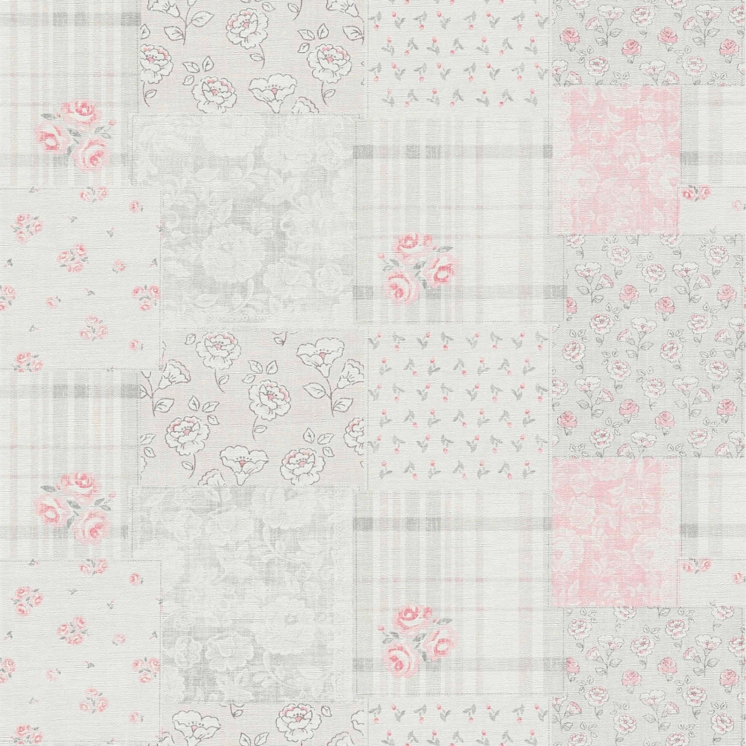 Bricoflor Patchwork Tapete Rosa Weiß Grau Shabby Chic Vlistapete mit Rosen günstig online kaufen