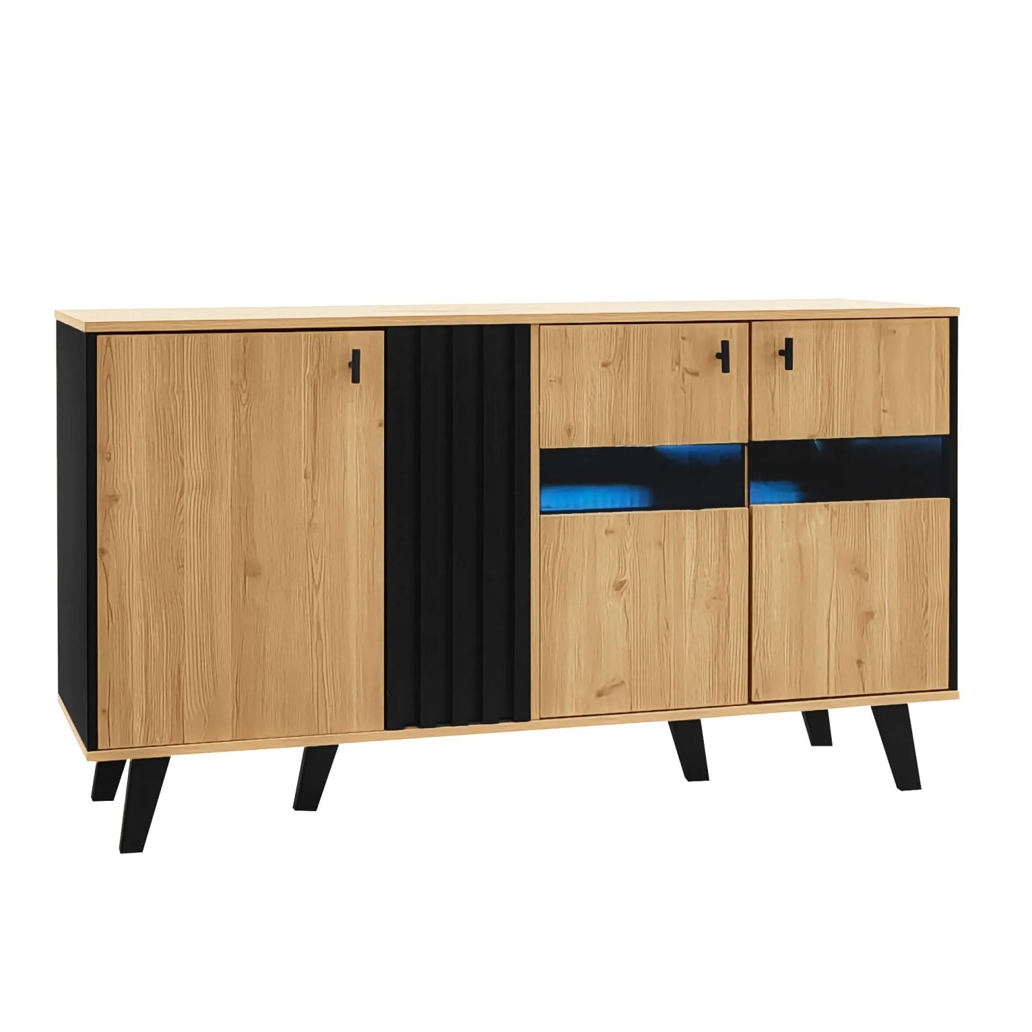 okwish Sideboard mit LED Stauraum Glas Holzdesign 140x78.5x41cm Schwarz Natur