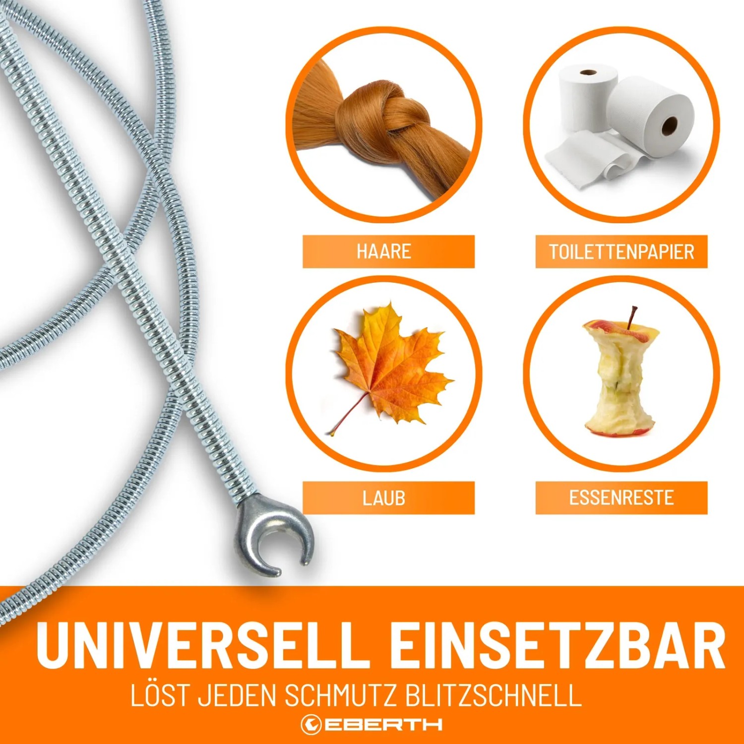EBERTH Rohrreinigungsspirale 3m, 9mm Durchmesser. Anwendungsbeispiele: Haare, Toilettenpapier, Laub, Essensreste.