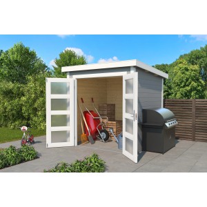 Lasita Holz-Gartenhaus Zambezi, lichtgrau, mit geöffneten Doppeltüren und Gartengeräten im Inneren.