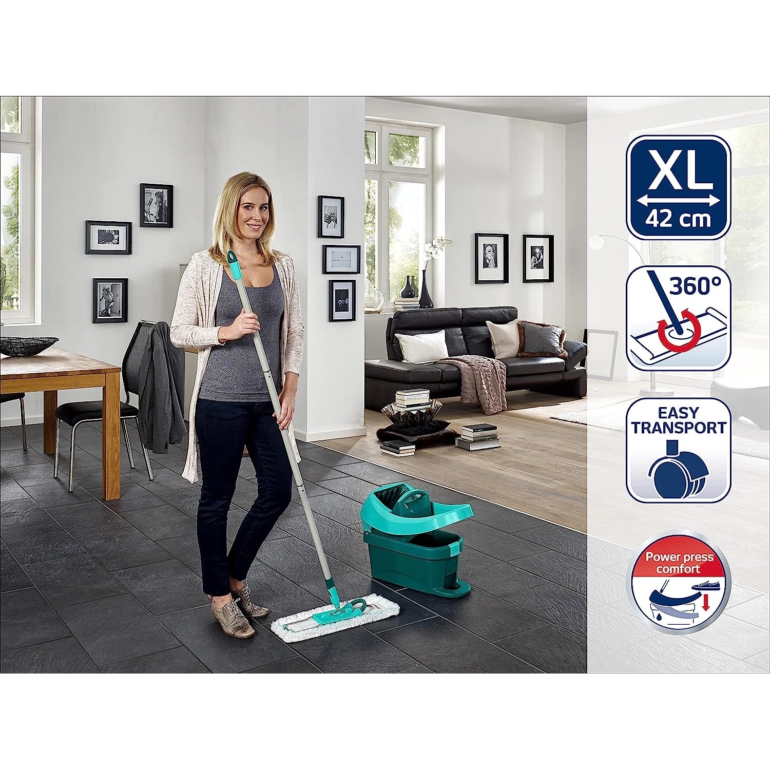 Leifheit Bodenwischer Profi XL Set mit Wischtuchpresse und Rollen für glatte Böden.