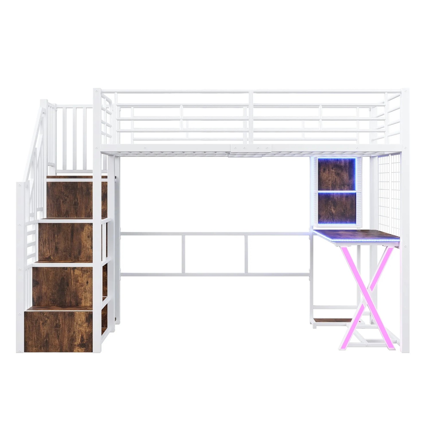 Merax Hochbett 90x200 cm Mit LED Schreibtisch Kleiderschrank Regalen Weiß