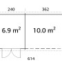 Grundriss Palmako Ella Holz-Gartenhaus: 592x300cm, hellbraun, mit Maßen und Flächenangaben.