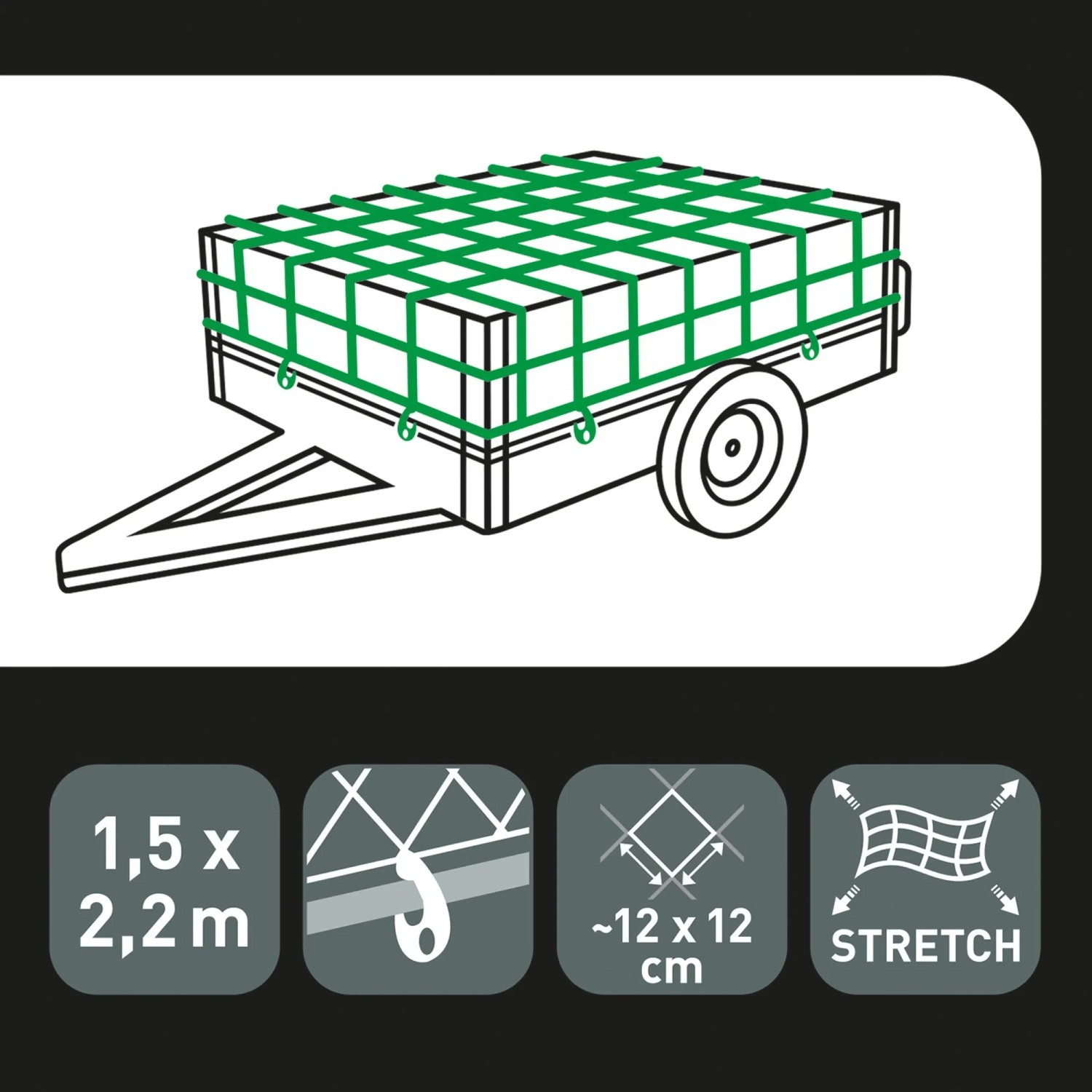 Illustration: Grünes Ladungssicherungsnetz 1,5 x 2,2 m auf Anhänger. Reise & Transport Zubehör.