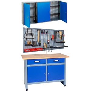 Küpper Werkstatt-Set: Werkbank mit Buchenplatte, Lochwand mit Werkzeug und Hängeschrank, blau/grau.