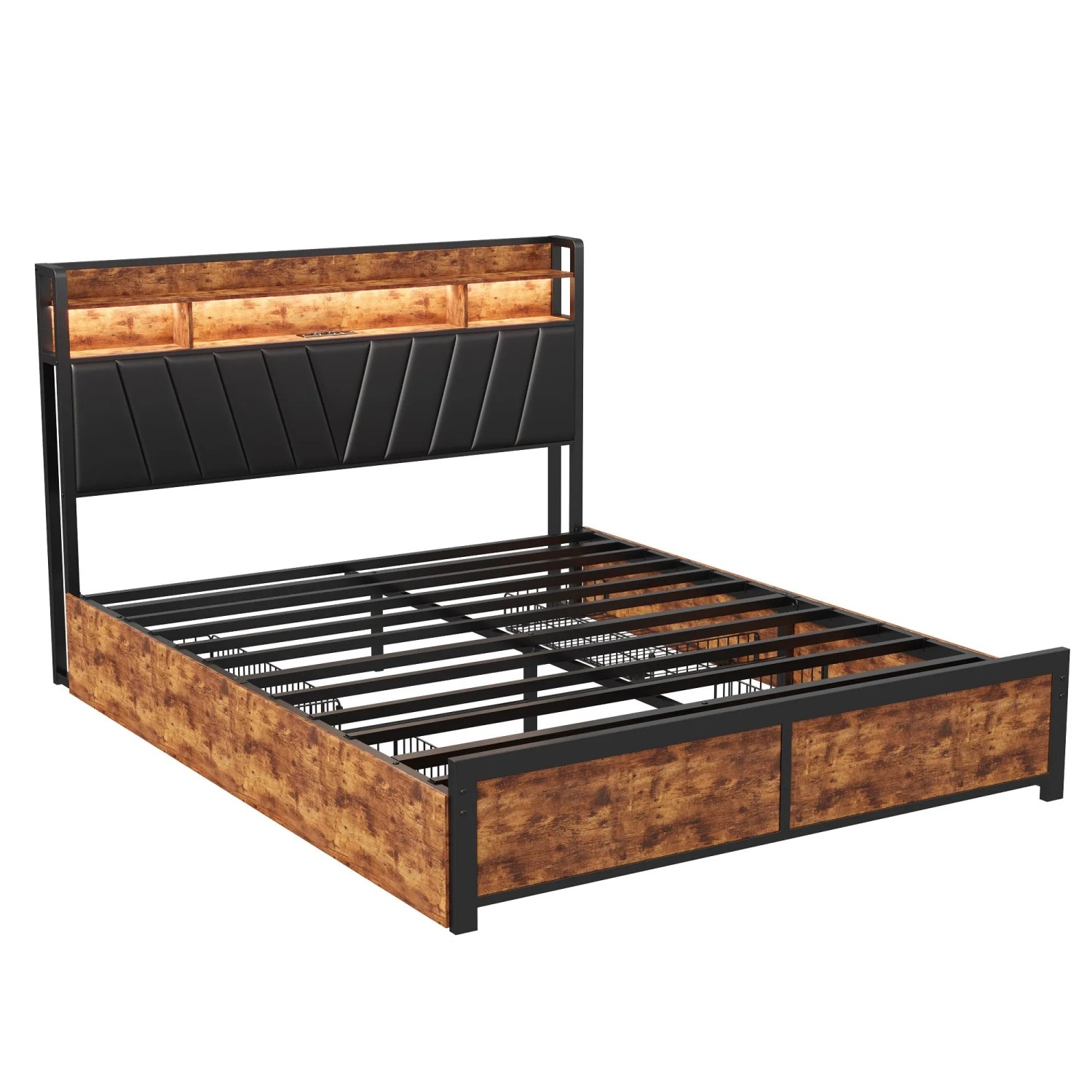 PXloue Doppelbett mit Schubladen Stauraum-Ladestation und LED 140x200cm