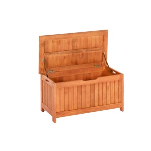 Geöffnete Merxx Kissenbox aus Eukalyptusholz, 88x45x46 cm, für Gartenauflagen.