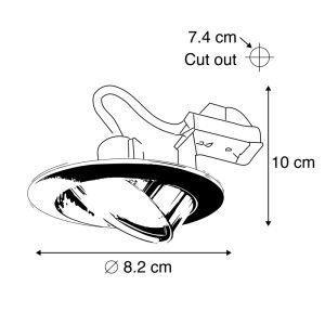 Skizze: Goldener Einbaustrahler Edu, 8,2 cm Durchmesser, 10 cm hoch, 7,4 cm Ausschnitt, Teil eines 10er Sets.