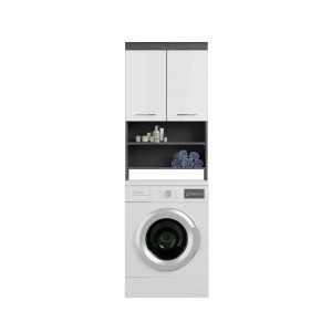 Waschmaschinenüberbau in Weiß-Rauchsilber mit Stauraum für Bad oder Waschküche.