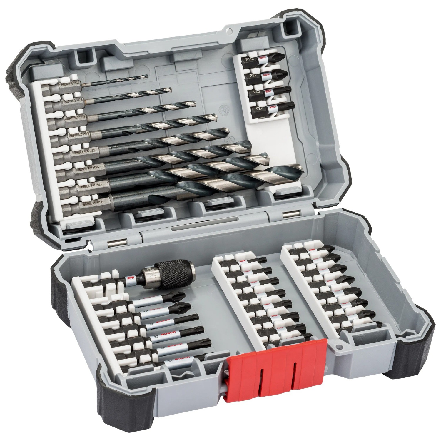 Bosch 35-tlg. Metallbohrer-/Schrauberbit-Set im grauen Koffer, verschiedene Bohrer und Bits.