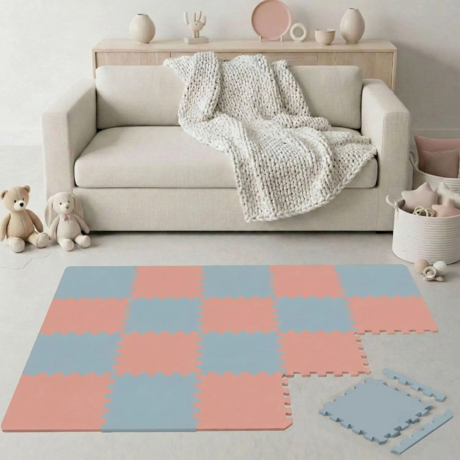 LittleTom Spiel- & Krabbelmatte Puzzlematte 18-teilig 30 x 30 cm Terracotta Grau-Blau