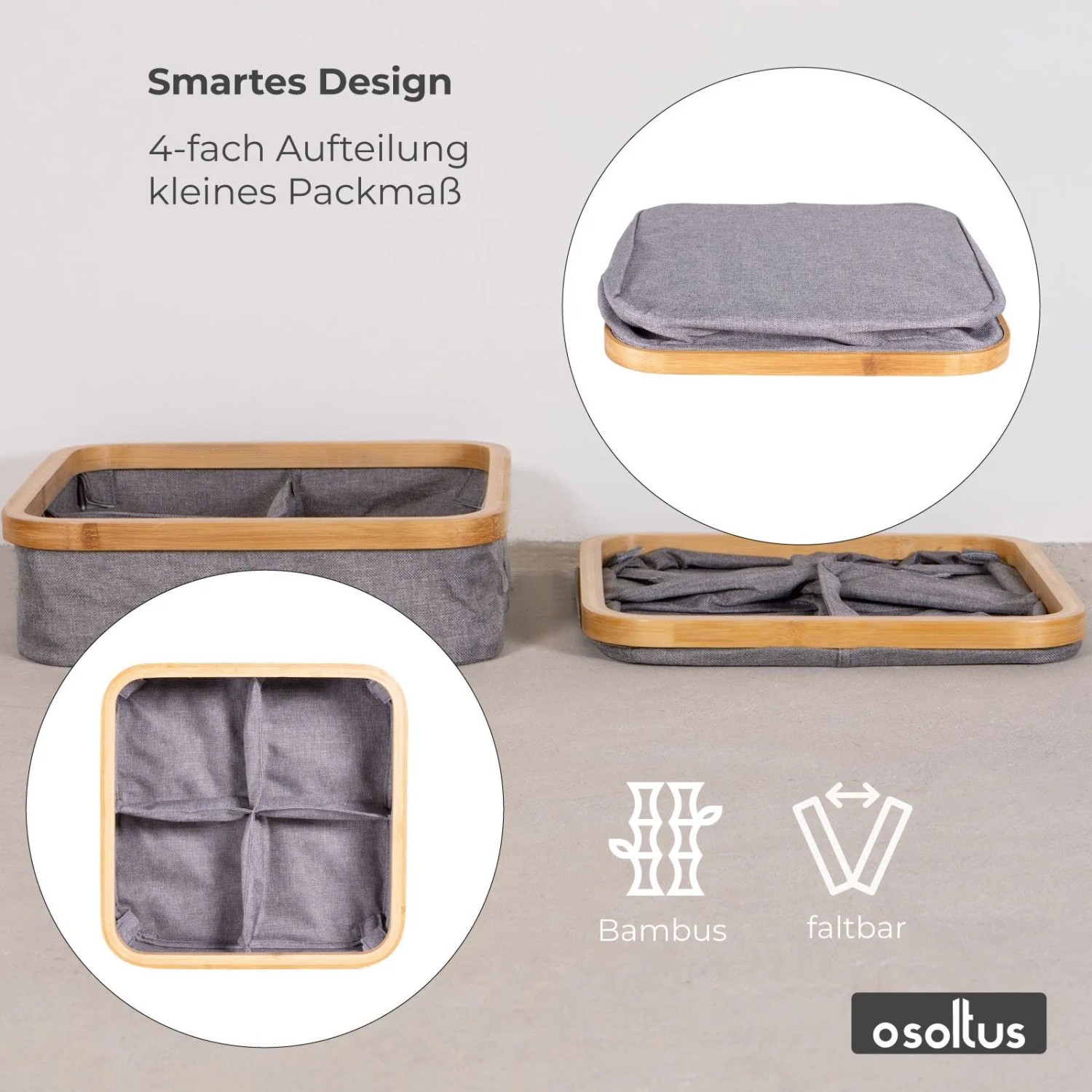 osoltus 2x Regal Box Badezimmer Nelson Bambus Aufbewahrungskorb Grau 4 Fächer_6