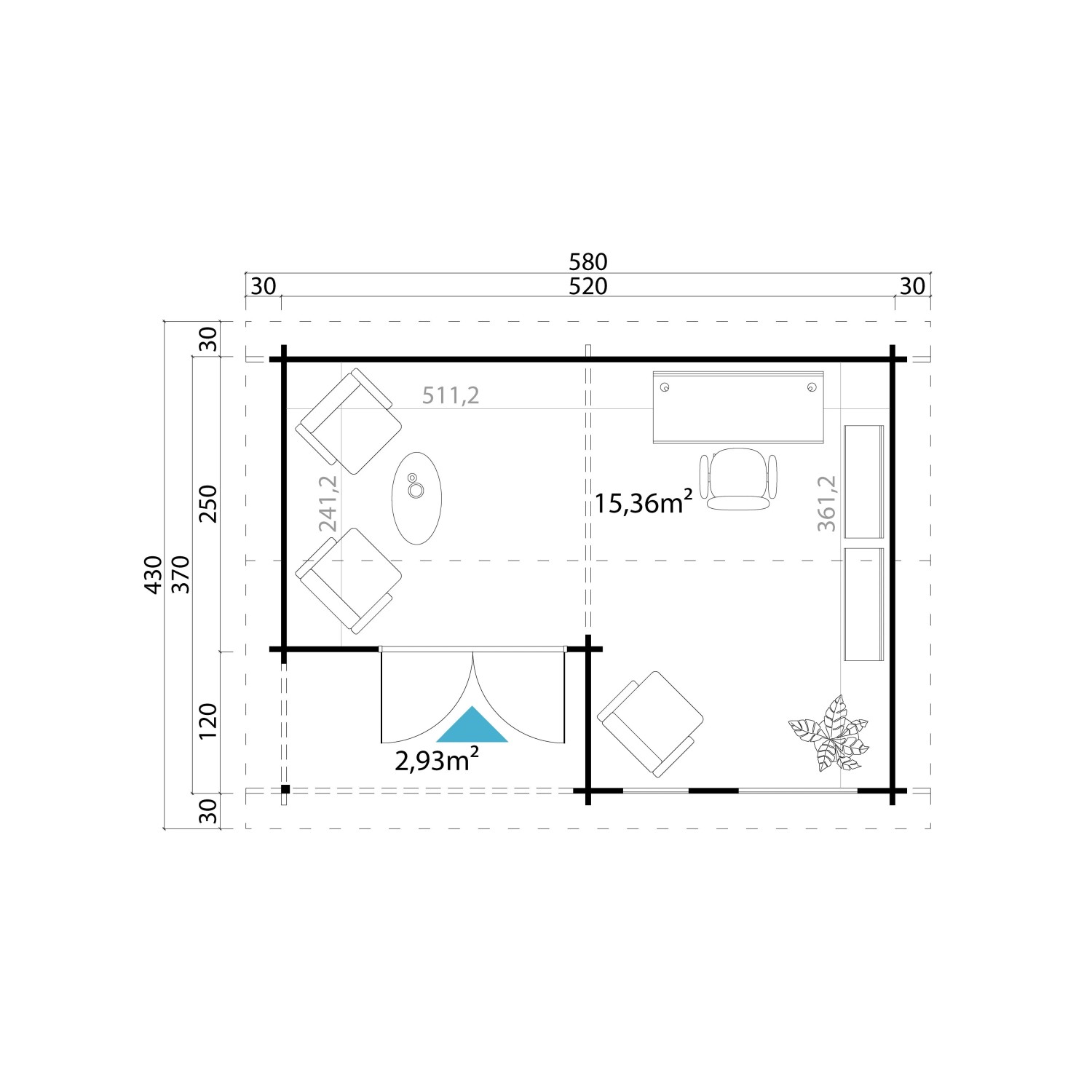 Grundriss des Lasita Holz-Gartenhauses Brighton 520x370 cm mit Raumaufteilung und Maßen.