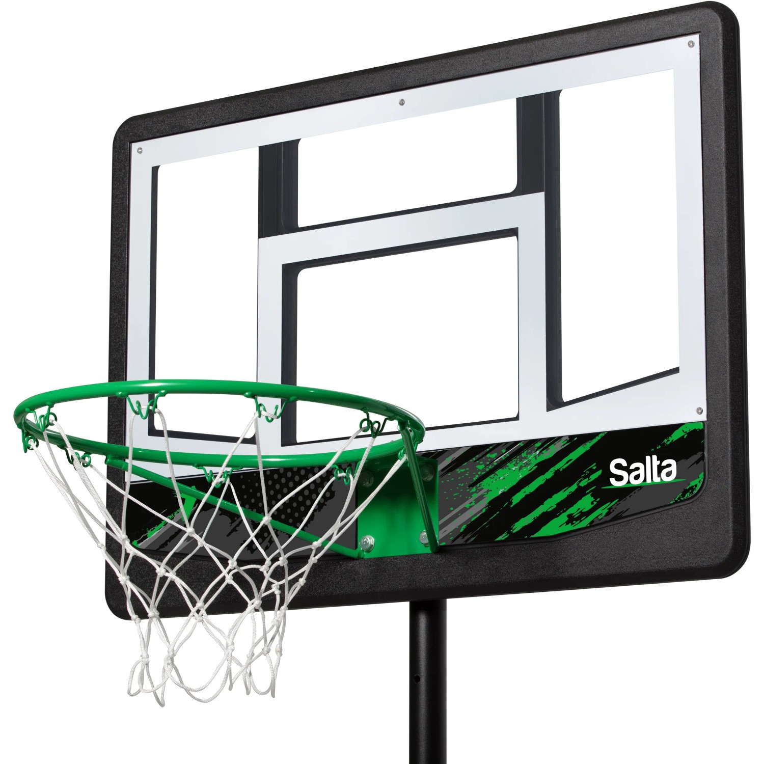 Salta Basketballständer Dribble mit grünem Korb und Netz, höhenverstellbar für Kinder.