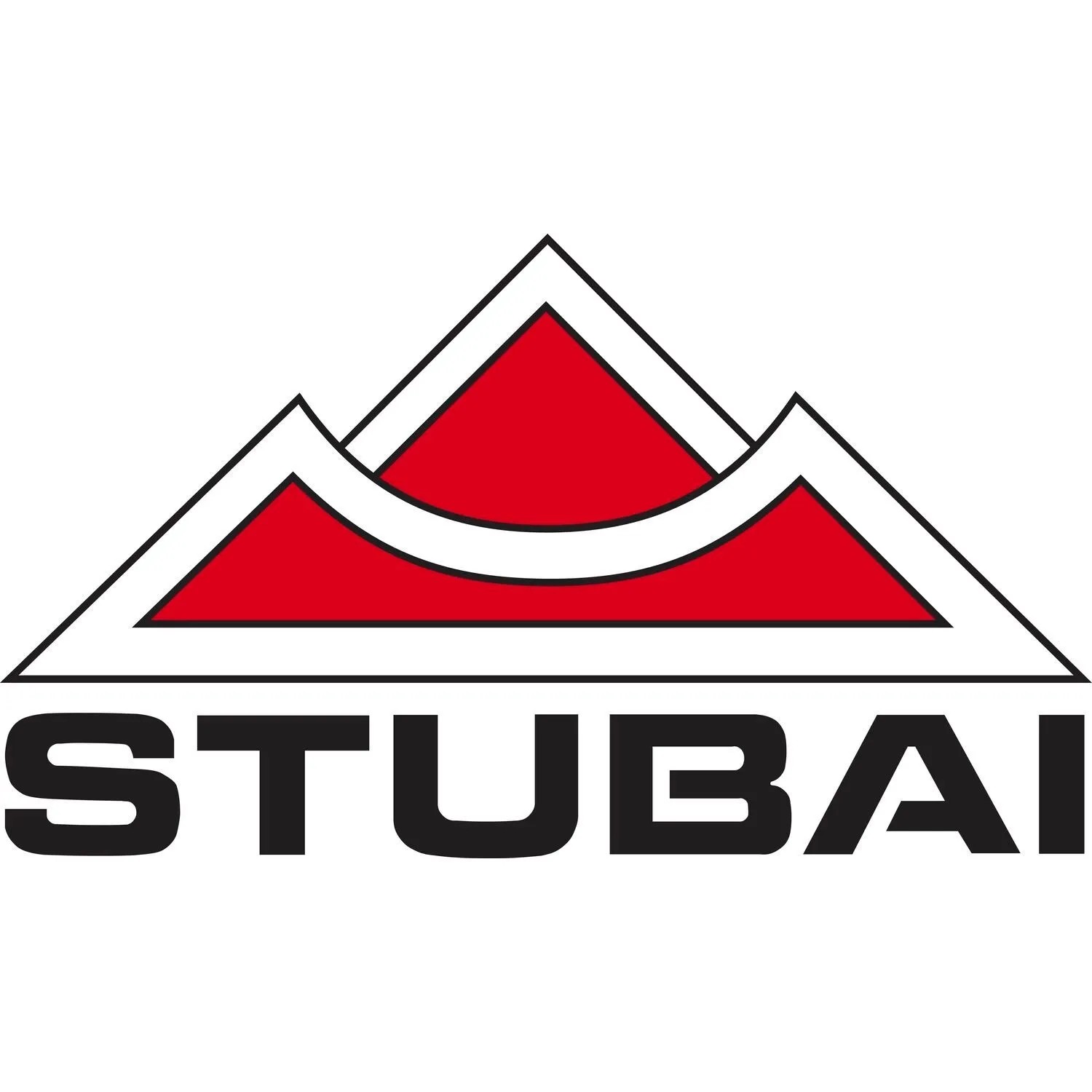 Stubai Logo: Schwarzer Schriftzug und rotes Bergmotiv. Marke für Werkzeuge.