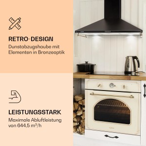 Schwarze Klarstein Victoria 90 Dunstabzugshaube im Retro-Design über einem Herd in einer Küche.