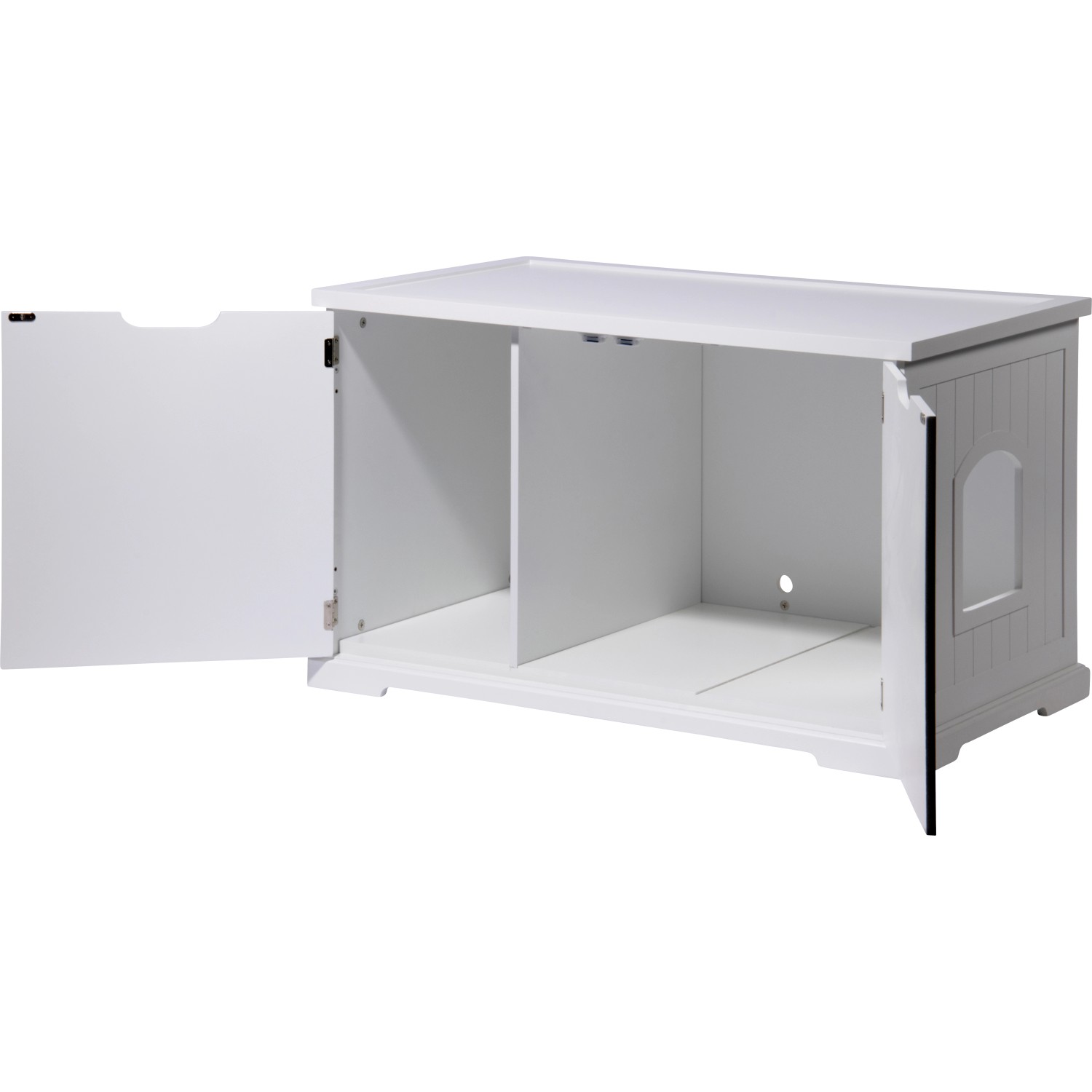 Weißer Design Katzenschrank XL mit zwei offenen Türen. Katzenhöhle mit Stauraum und Sitzgelegenheit.