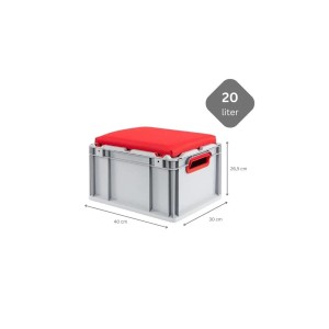 Graue Eurobox NextGen mit rotem Sitzkissen, 20 Liter, offene Griffe. Ideal als Sitzbox und Transportbox.