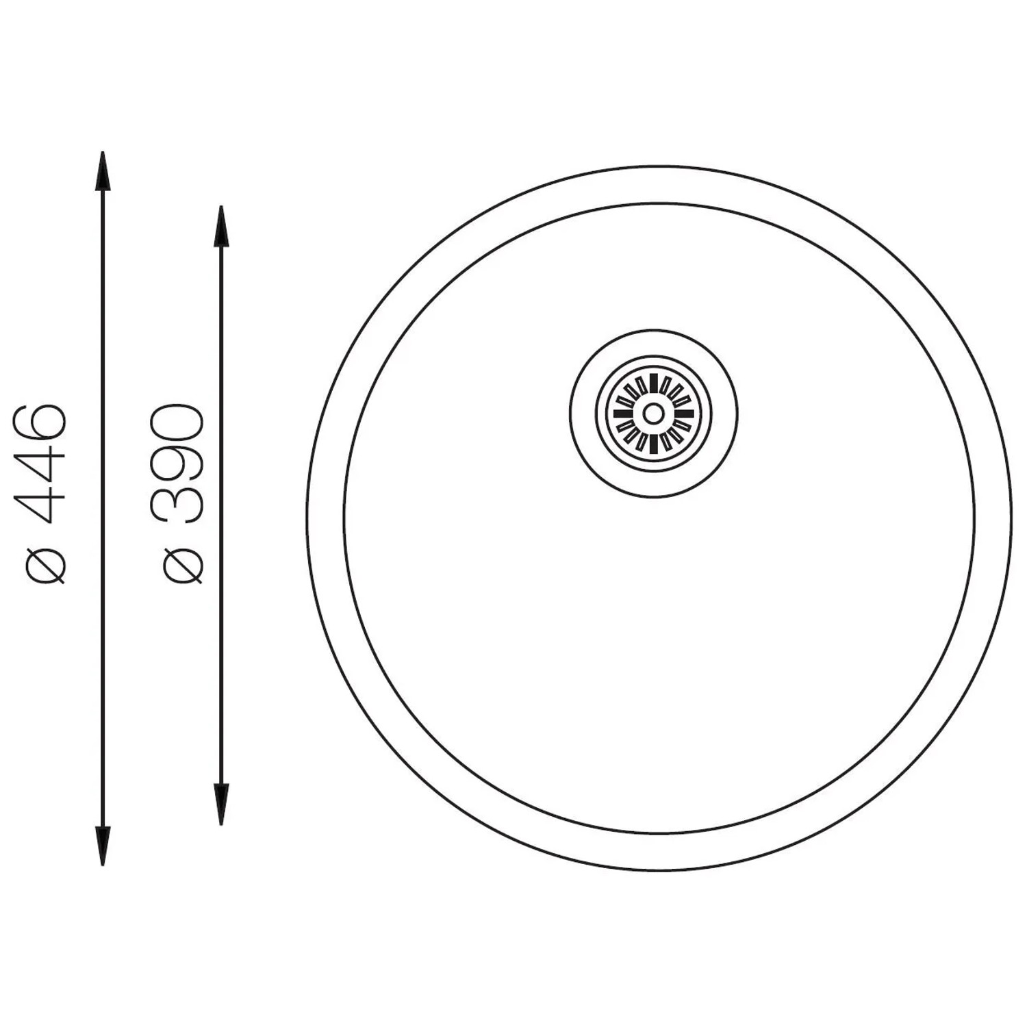 Draufsicht Respekta Einbauspüle Portland, Ø 44,6 cm, Edelstahlspüle mit Maßangaben.